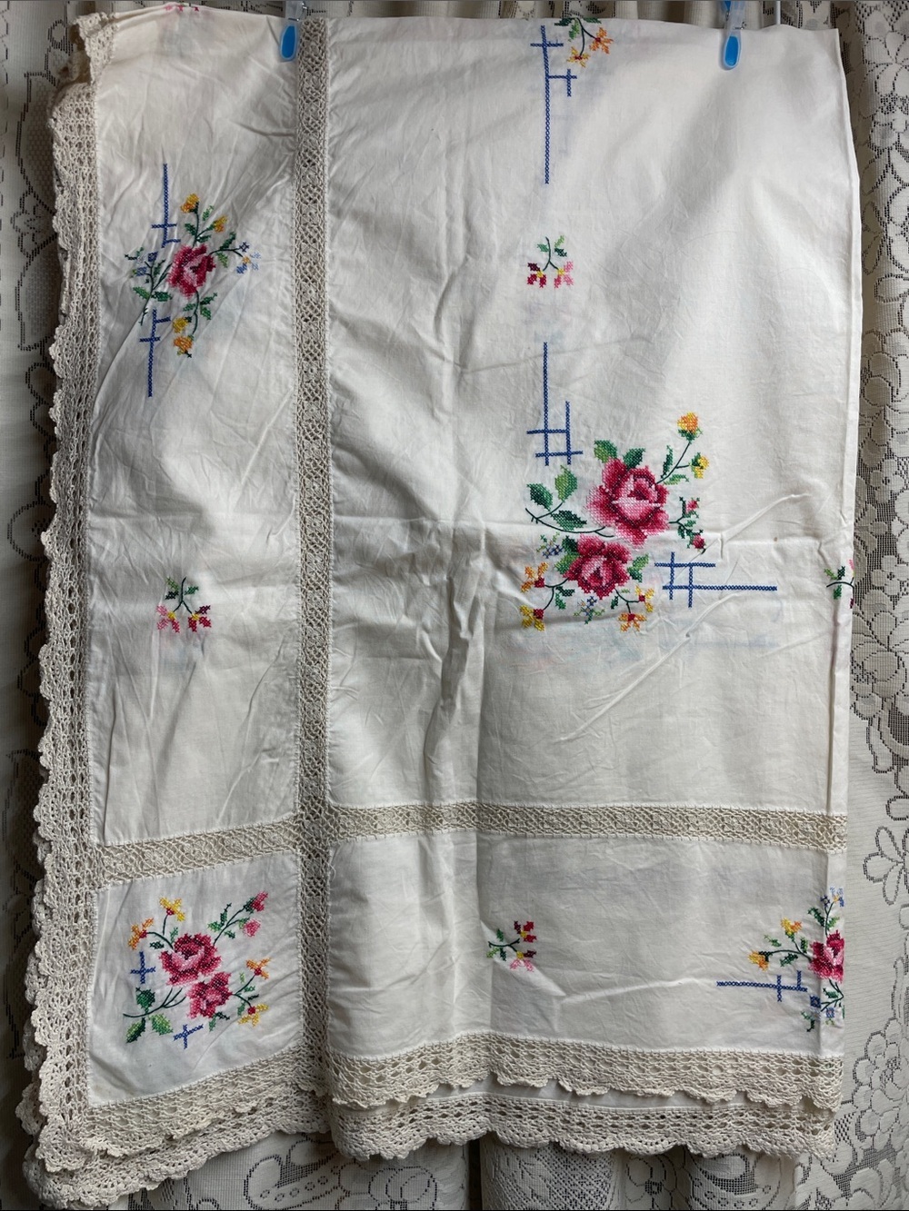 Handmade Cross-stitched Floral White Tablecloth with Crochet Trim Vintage